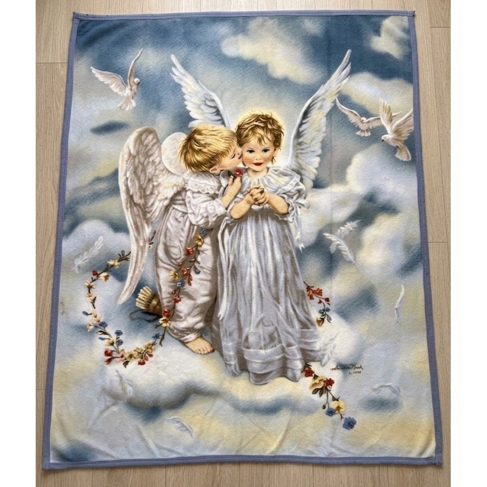Vintage 1993 Sandra Kuck The First Kiss Angel Cherub Fleece Blanket 51x60